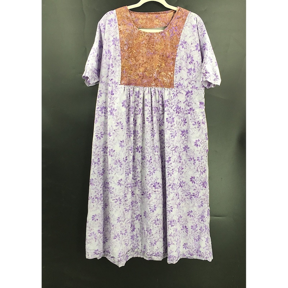 Handmade batik patchwork Purple brown flroal muumuu Dress boho cottagecore XL